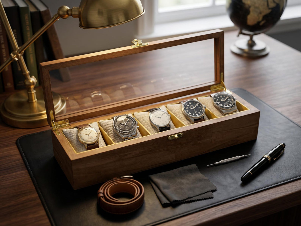 5 Watch Box for Women and Men, Glass Top Display Case, Wooden Watch Holder Storage Organizer Gift