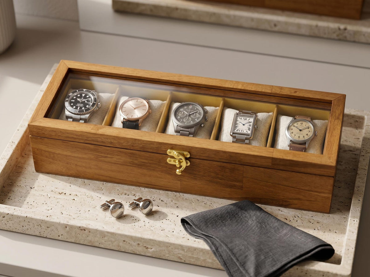 5 Watch Box for Women and Men, Glass Top Display Case, Wooden Watch Holder Storage Organizer Gift