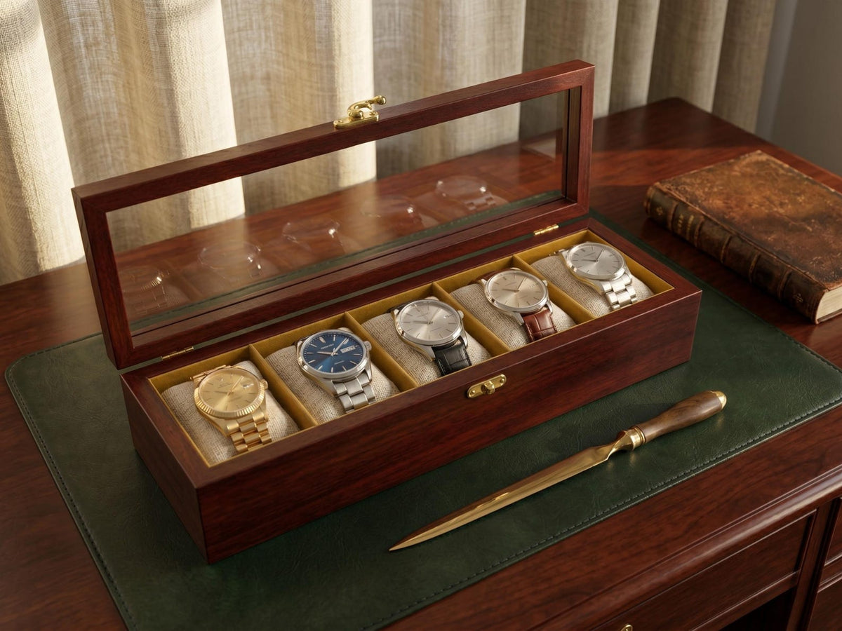 5 Watch Box for Women and Men, Glass Top Display Case, Wooden Watch Holder Storage Organizer Gift