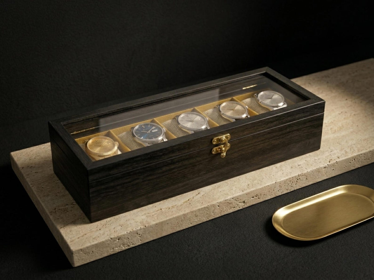5 Watch Box for Women and Men, Glass Top Display Case, Wooden Watch Holder Storage Organizer Gift