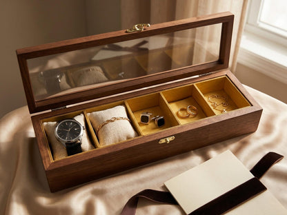 Custom Wood Watch Box with Glass Top - 3, 5 or 10 Slot Compartments, Display Case Storage Organizer Gift for Him