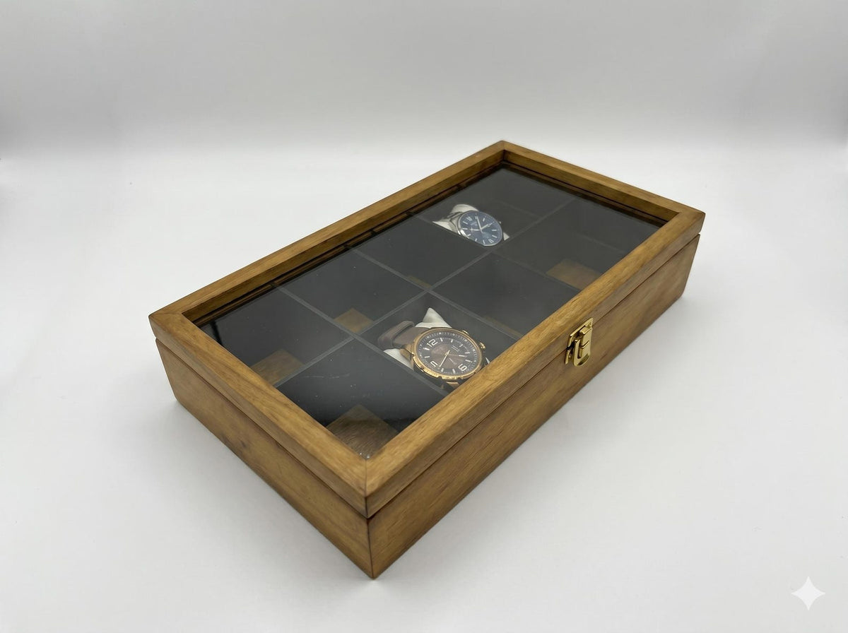 5 Watch Box for Women and Men, Glass Top Display Case, Wooden Watch Holder Storage Organizer Gift