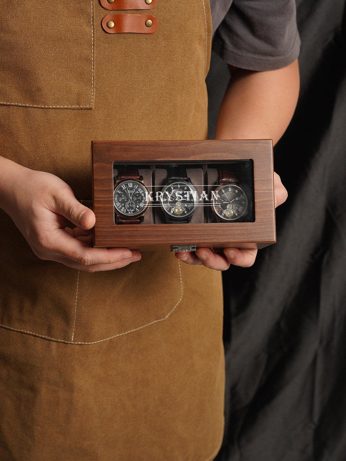 Personalized Walnut Watch Box for Men, 3 or 6 Slot Wooden Watch Organizer with Glass Top, Engraved Gift for Husband Dad