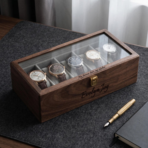 Personalized Wooden Watch Box For Men, Custom Engraved Watch Storage Case With Drawer, Anniversary Gift For Husband, Dad, Watch Collector