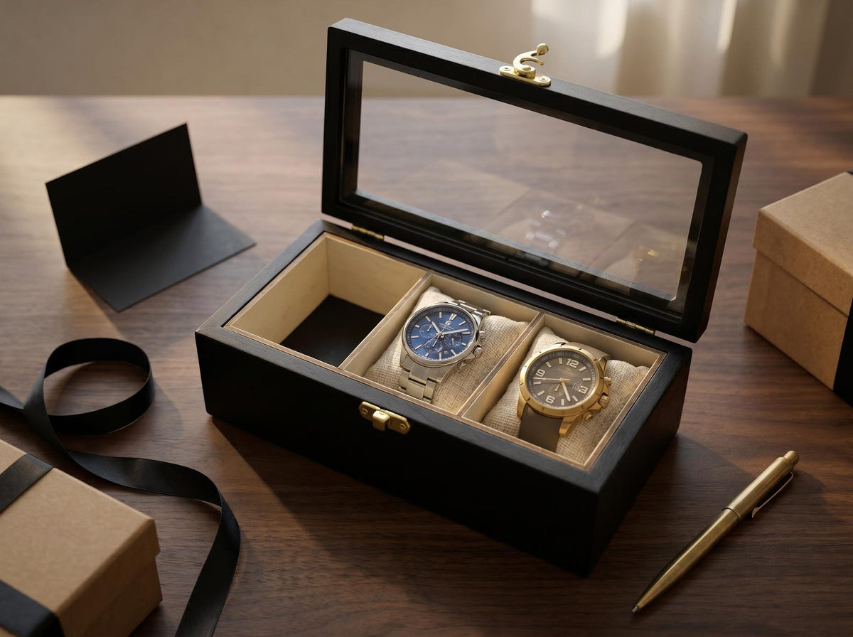 Custom Wood Watch Box with Glass Top - 3, 5 or 10 Slot Compartments, Display Case Storage Organizer Gift for Him