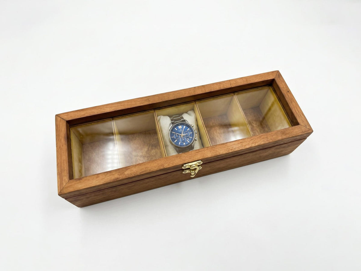Custom Wood Watch Box with Glass Top - 3, 5 or 10 Slot Compartments, Display Case Storage Organizer Gift for Him