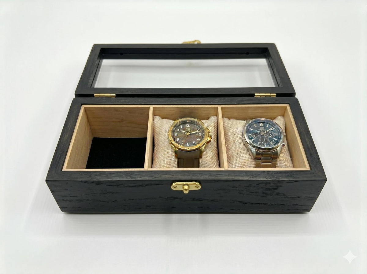 3 Watch Box for Men, Solid Beech Wood Glass Top Holder Case, Personalized Watch Storage Gift for Husband or Dad