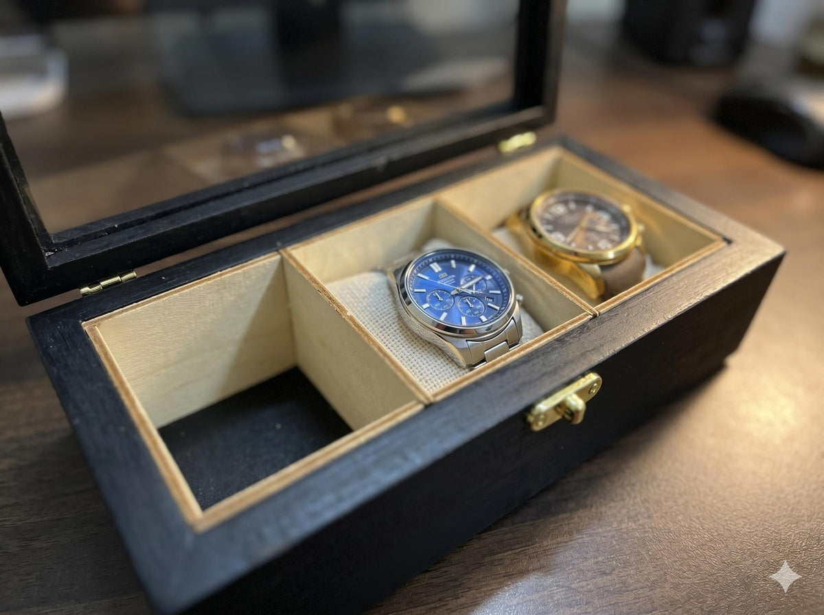 3 Watch Box for Men, Solid Beech Wood Glass Top Holder Case, Personalized Watch Storage Gift for Husband or Dad