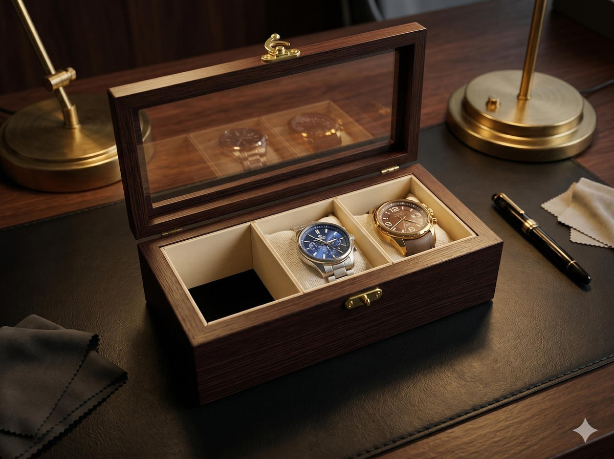 3 Watch Box for Men, Solid Beech Wood Glass Top Holder Case, Personalized Watch Storage Gift for Husband or Dad