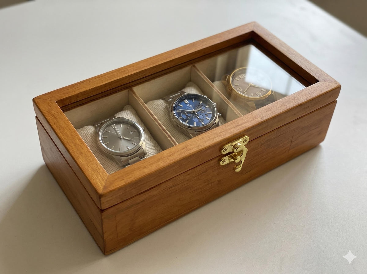 3 Watch Box for Men, Solid Beech Wood Glass Top Holder Case, Personalized Watch Storage Gift for Husband or Dad
