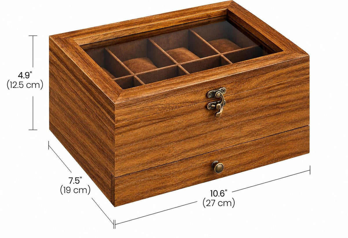 8 Slot Rustic Walnut Wood Watch Box with Drawer, Glass Lid Jewelry Organizer