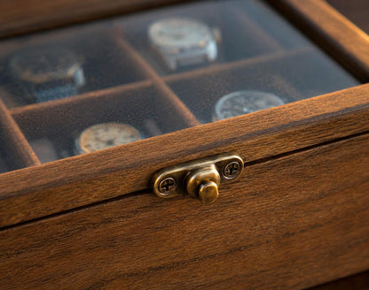 8 Slot Rustic Walnut Wood Watch Box with Drawer, Glass Lid Jewelry Organizer
