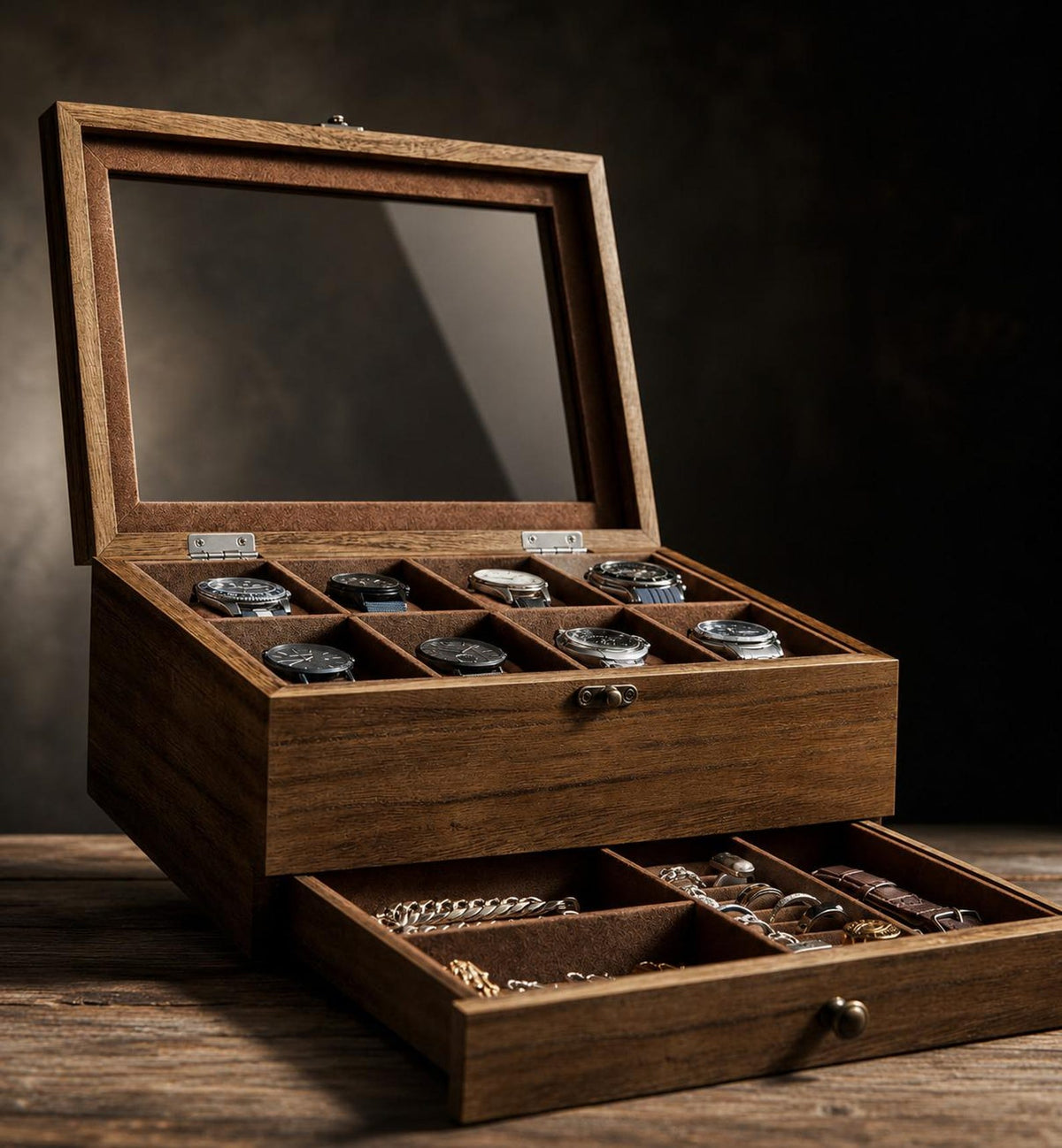 8 Slot Rustic Walnut Wood Watch Box with Drawer, Glass Lid Jewelry Organizer