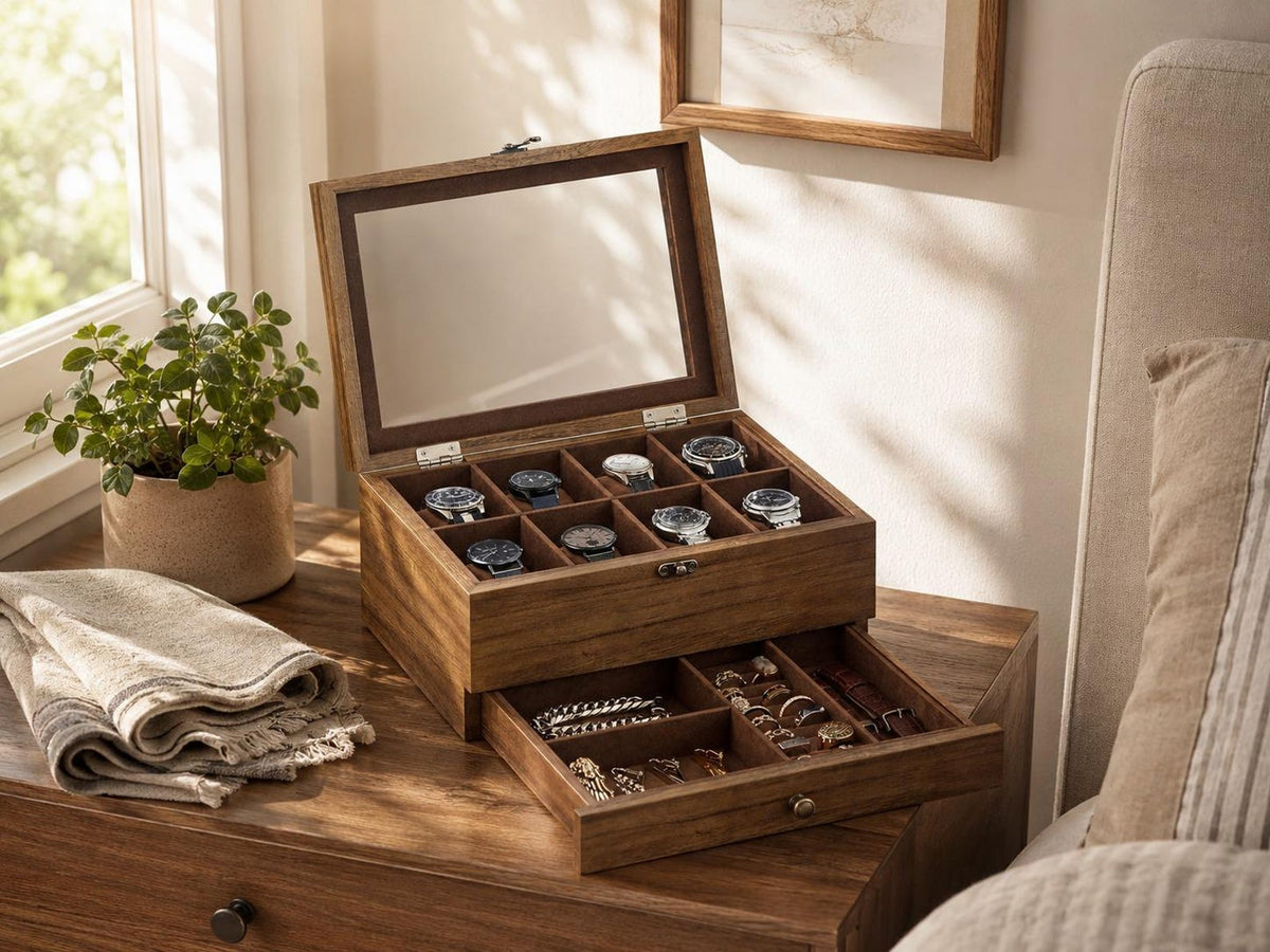 8 Slot Rustic Walnut Wood Watch Box with Drawer, Glass Lid Jewelry Organizer