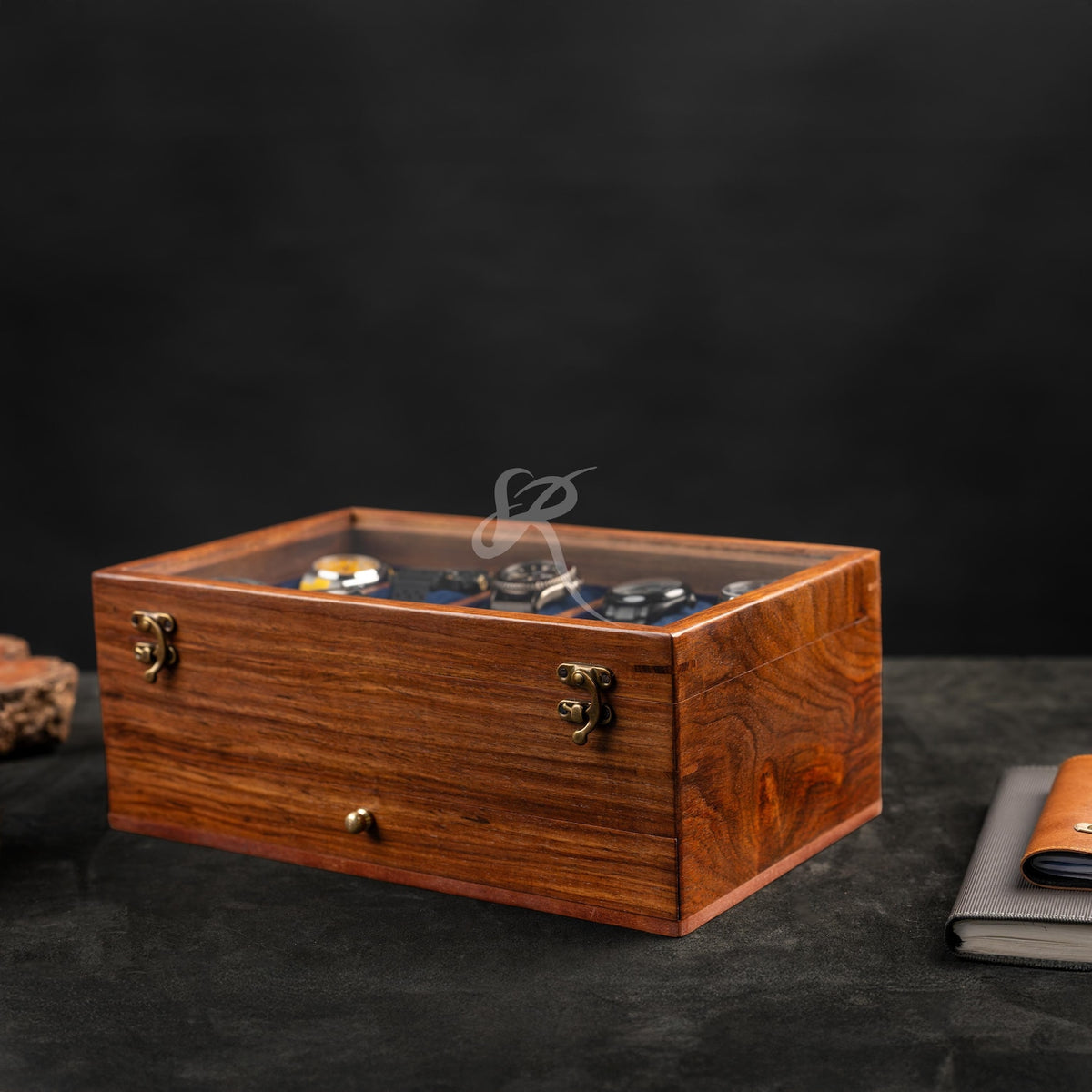 Free Personalized Rosewood Watch Case for Men, Handmade Vintage Men's Wooden Watch Box with Drawer – Custom Watch Holder & Gift for Him