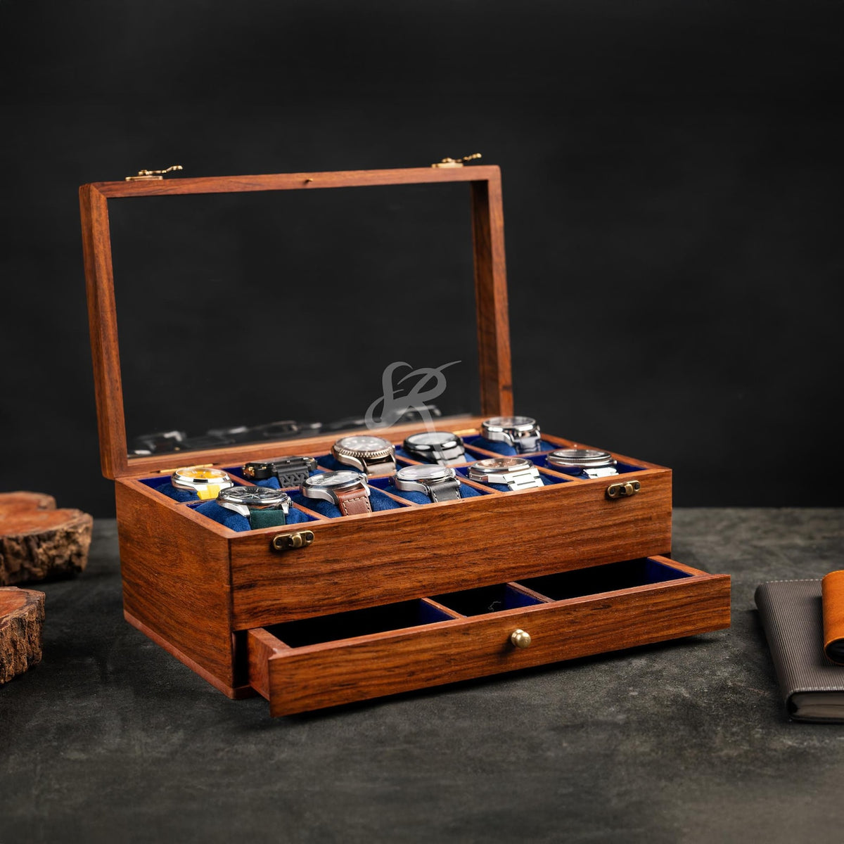 Free Personalized Rosewood Watch Case for Men, Handmade Vintage Men's Wooden Watch Box with Drawer – Custom Watch Holder & Gift for Him
