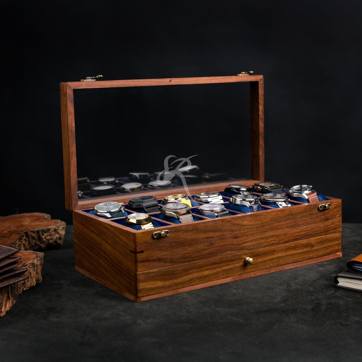 Free Personalized Rosewood Watch Case for Men, Handmade Vintage Men's Wooden Watch Box with Drawer – Custom Watch Holder & Gift for Him
