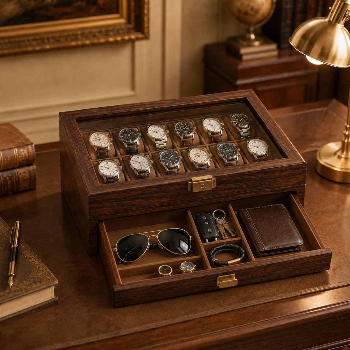 Custom Engraved Watch box | 3 to 36 slot storage box | Handmade Wood Sunglasses, Wrist Watch organizer | Anniversay, Birthday Gift for Men.