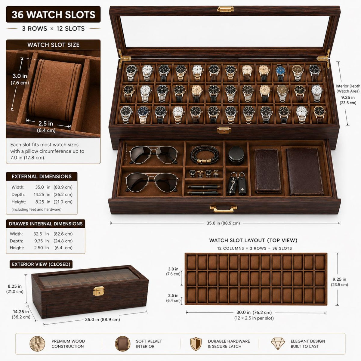 Custom Engraved Watch box | 3 to 36 slot storage box | Handmade Wood Sunglasses, Wrist Watch organizer | Anniversay, Birthday Gift for Men.