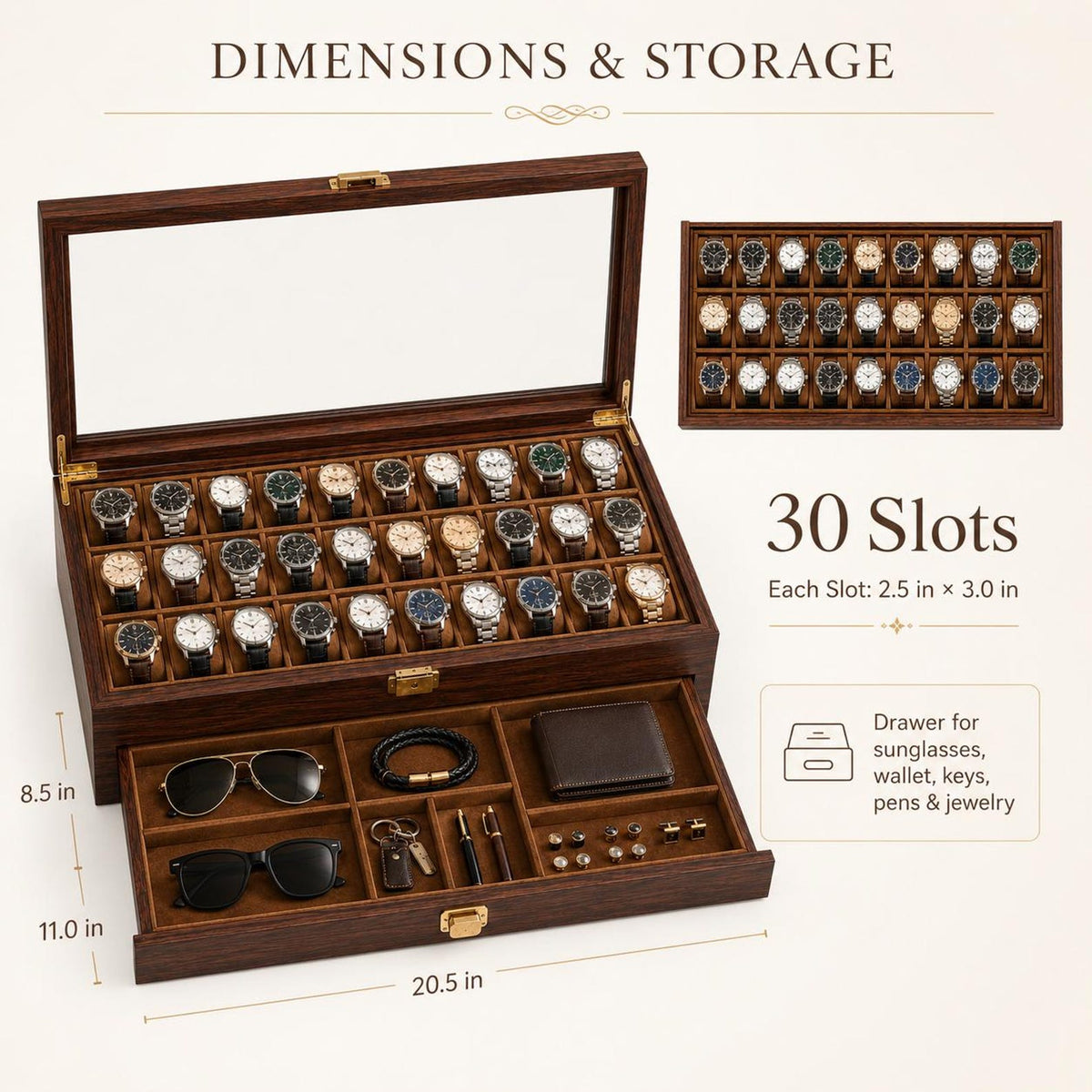 Custom Engraved Watch box | 3 to 36 slot storage box | Handmade Wood Sunglasses, Wrist Watch organizer | Anniversay, Birthday Gift for Men.
