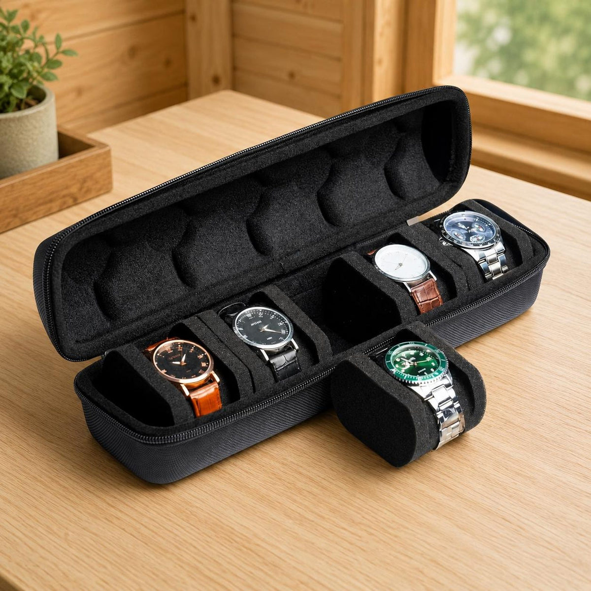 1PC 5-Slot Watch Case | Hard Shell Travel Organizer With Pillow Insert - Gift Ready (Black),Suitable For Smart Watch Storage