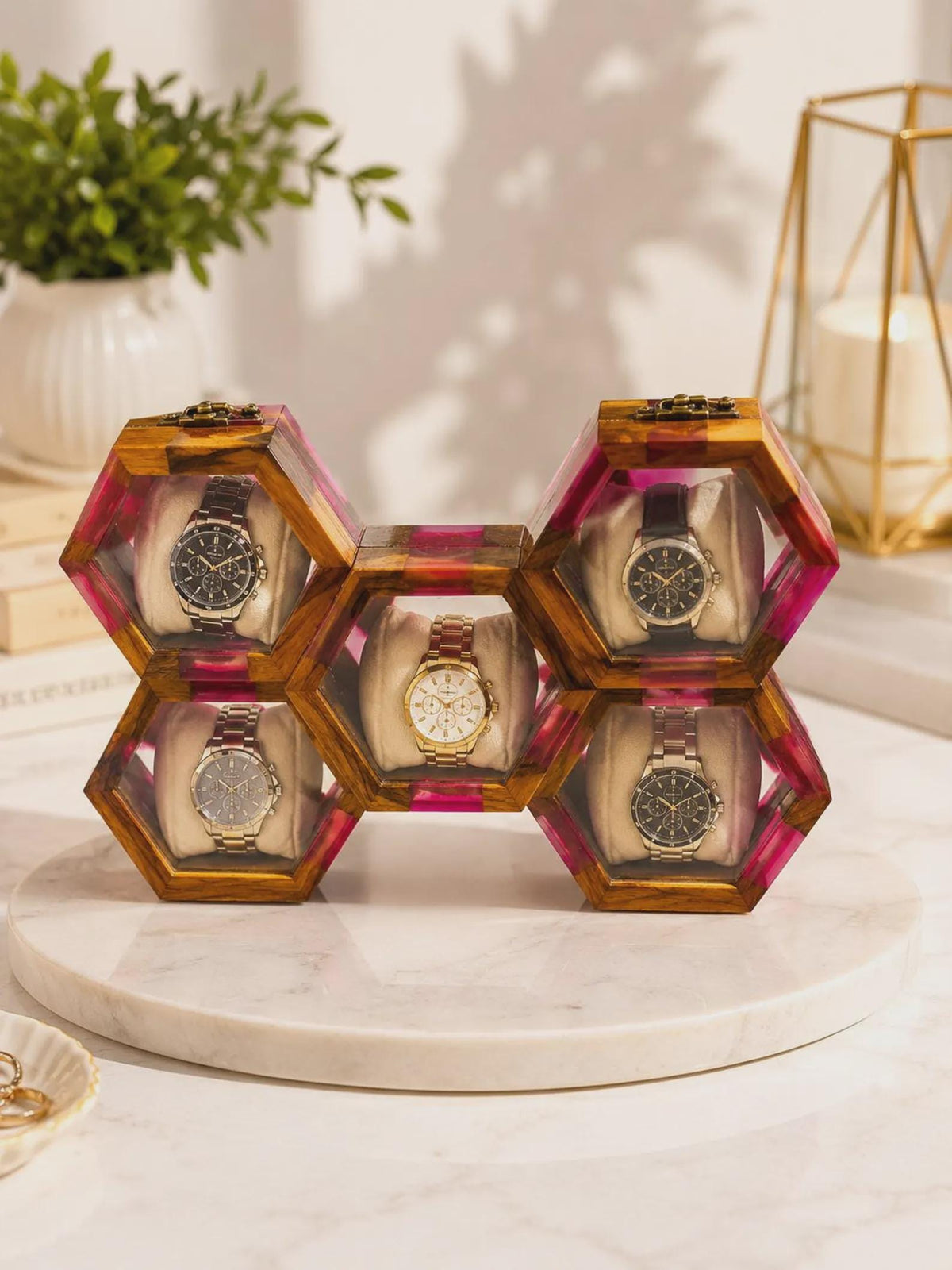 Handmade Pink Resin Watch Holder, Luxury Rosewood Gift for Him