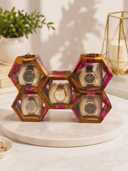 Handmade Pink Resin Watch Holder, Luxury Rosewood Gift for Him