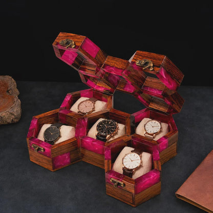 Handmade Pink Resin Watch Holder, Luxury Rosewood Gift for Him