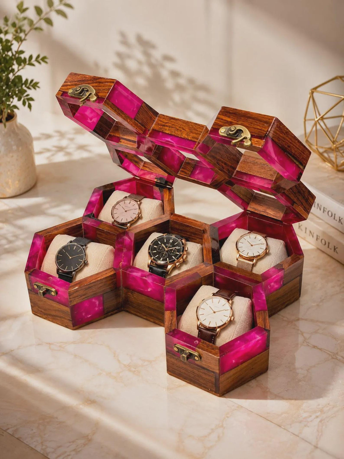 Handmade Pink Resin Watch Holder, Luxury Rosewood Gift for Him
