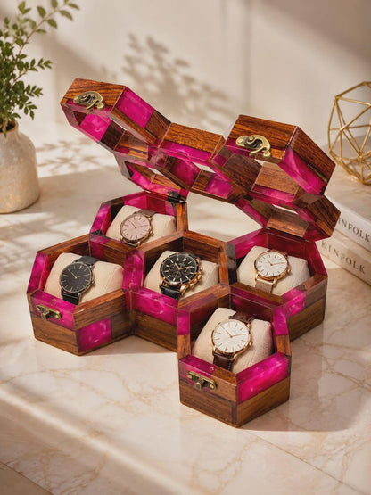 Handmade Pink Resin Watch Holder, Luxury Rosewood Gift for Him