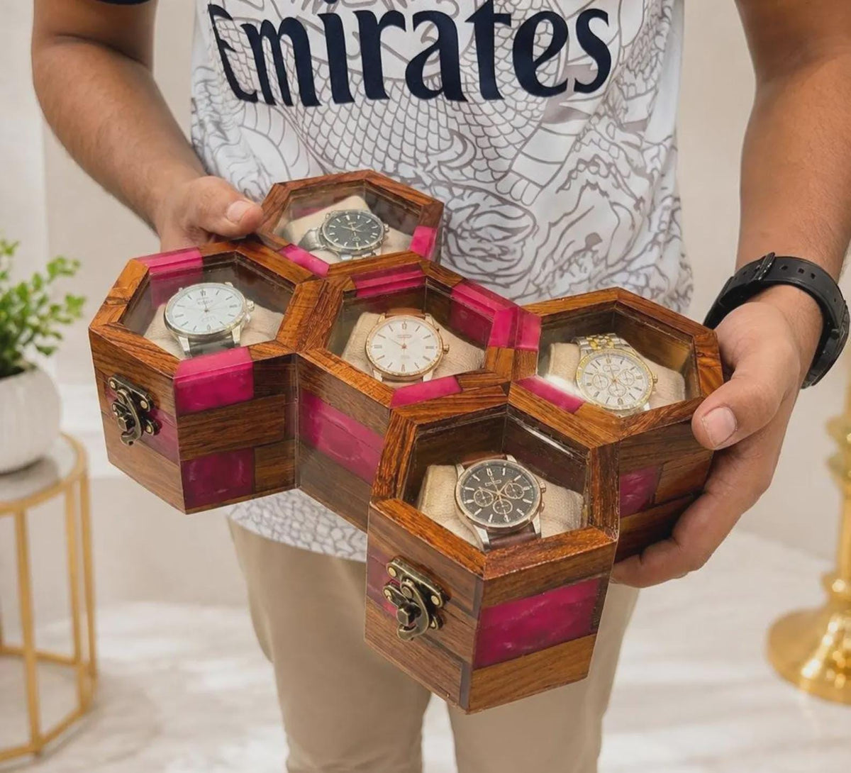 Handmade Pink Resin Watch Holder, Luxury Rosewood Gift for Him
