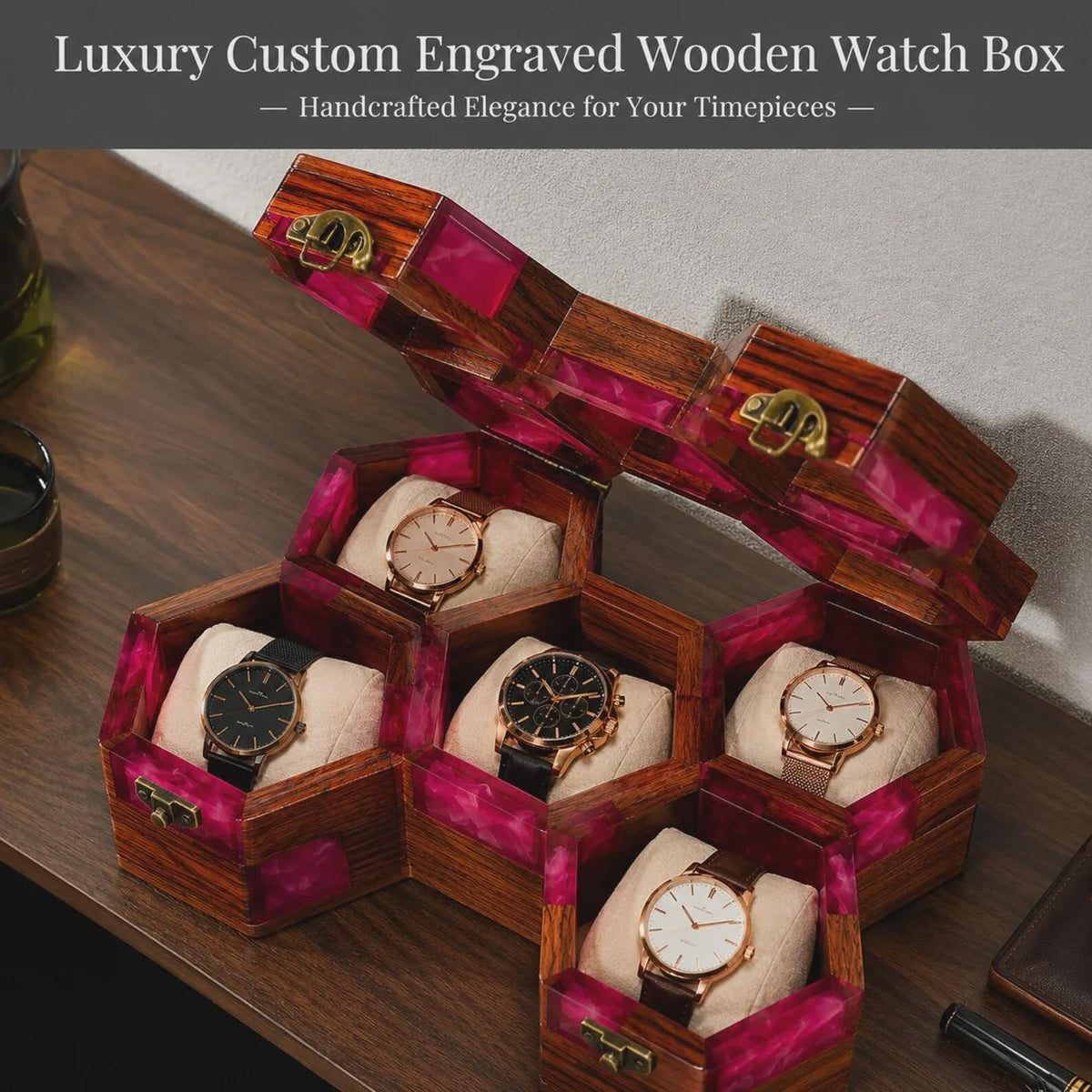 Handmade Pink Resin Watch Holder, Luxury Rosewood Gift for Him