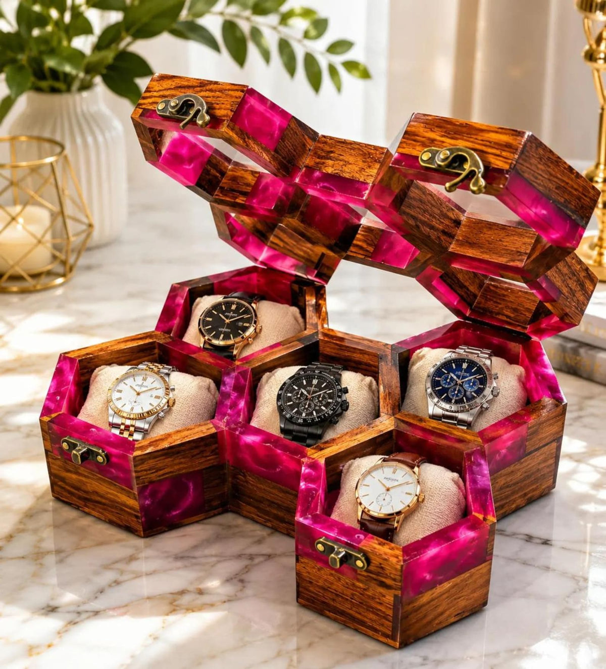 Handmade Pink Resin Watch Holder, Luxury Rosewood Gift for Him