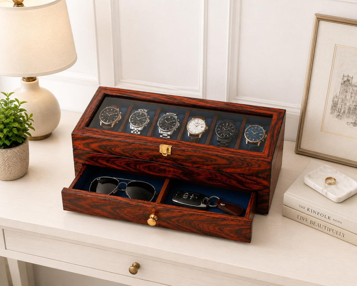 Wooden Watch Box Organizer, Personalized Glass Lid with Sunglasses & other Storage, 3 to 36 Slot | Anniversary, Birthday Gift for Men.