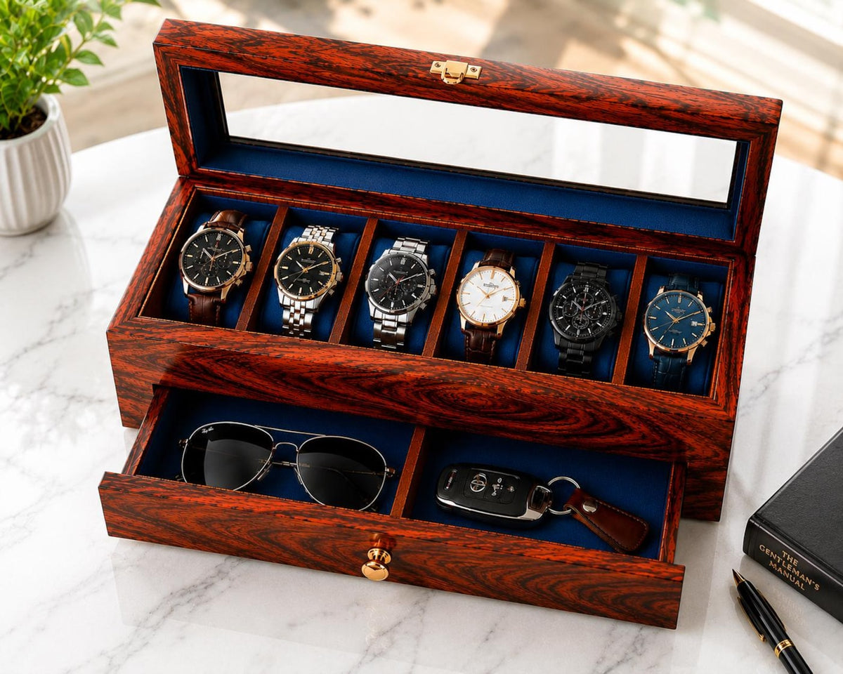 Wooden Watch Box Organizer, Personalized Glass Lid with Sunglasses & other Storage, 3 to 36 Slot | Anniversary, Birthday Gift for Men.