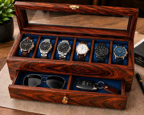 Wooden Watch Box Organizer, Personalized Glass Lid with Sunglasses & other Storage, 3 to 36 Slot | Anniversary, Birthday Gift for Men.