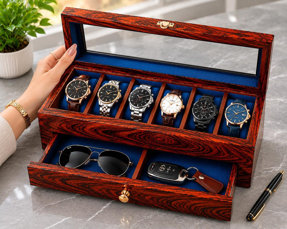 Wooden Watch Box Organizer, Personalized Glass Lid with Sunglasses & other Storage, 3 to 36 Slot | Anniversary, Birthday Gift for Men.