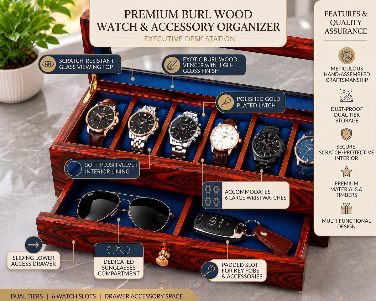 Wooden Watch Box Organizer, Personalized Glass Lid with Sunglasses & other Storage, 3 to 36 Slot | Anniversary, Birthday Gift for Men.