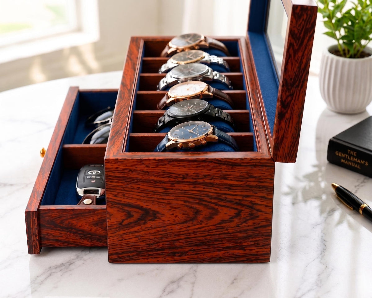 Wooden Watch Box Organizer, Personalized Glass Lid with Sunglasses & other Storage, 3 to 36 Slot | Anniversary, Birthday Gift for Men.