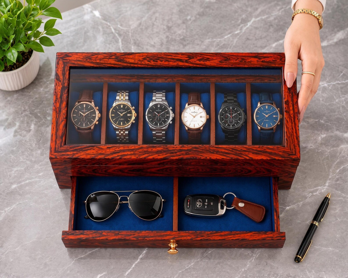 Wooden Watch Box Organizer, Personalized Glass Lid with Sunglasses & other Storage, 3 to 36 Slot | Anniversary, Birthday Gift for Men.