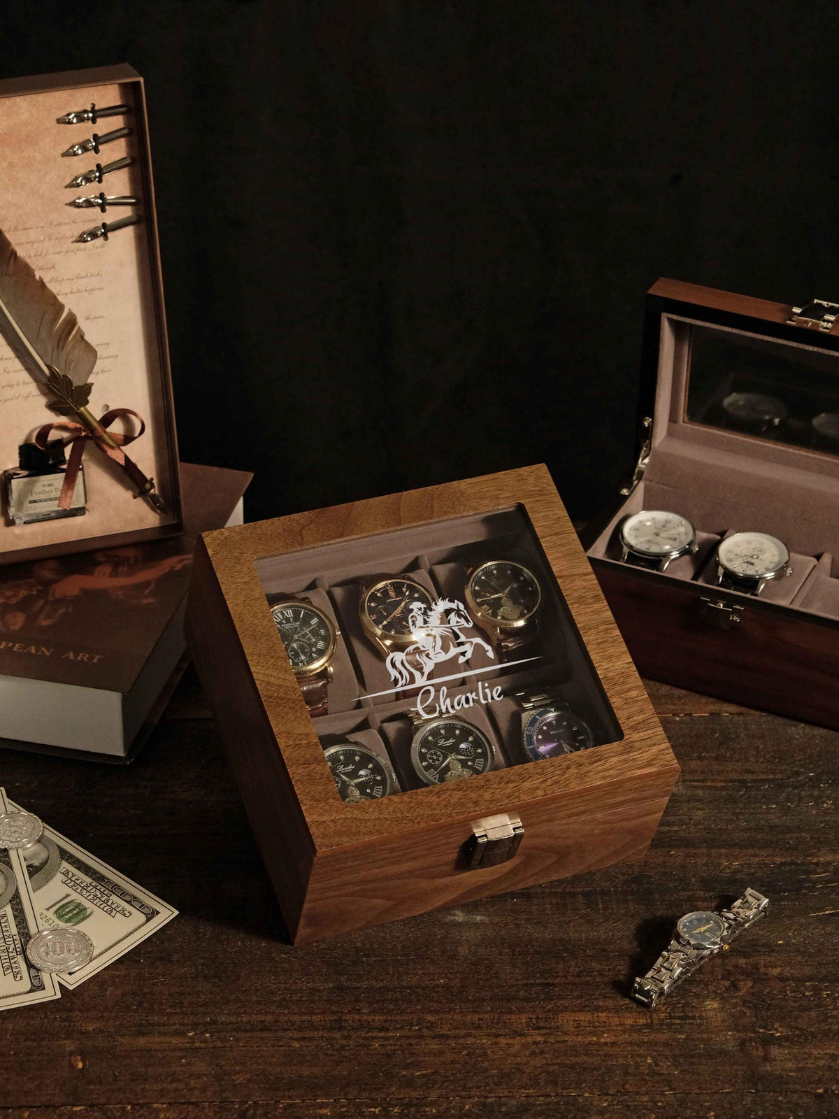 Personalized Walnut Wood Watch Box Engraved Glass Watch Case Graduation Gift for Him Gift for Boyfriend Husband Son or Graduate