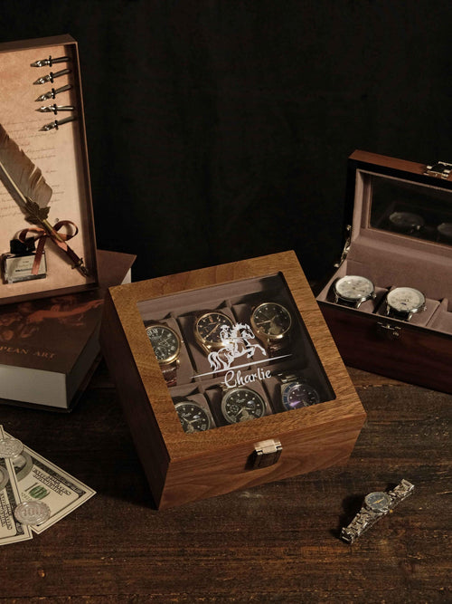 Personalized Walnut Wood Watch Box Engraved Glass Watch Case Graduation Gift for Him Gift for Boyfriend Husband Son or Graduate
