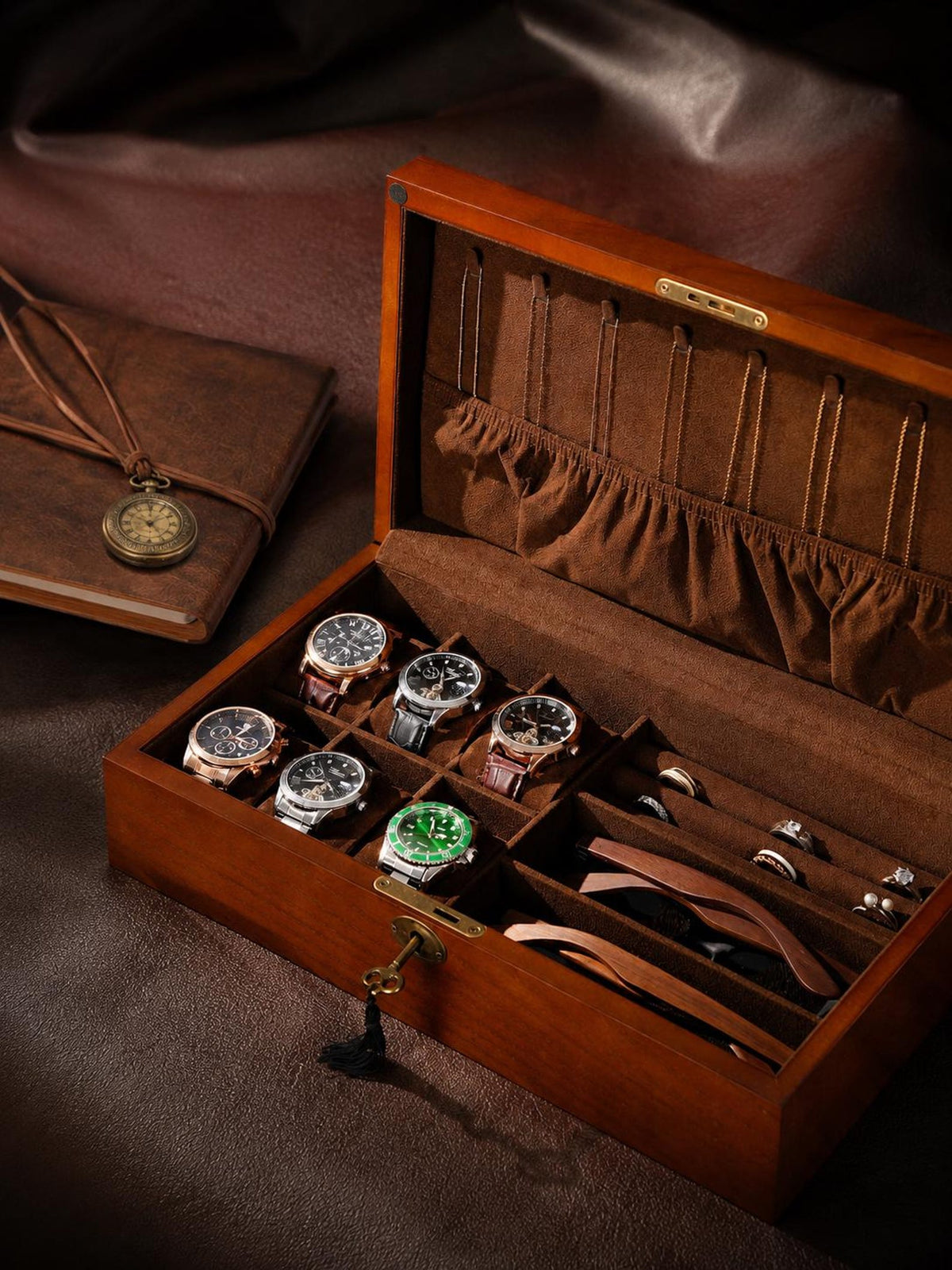 Personalized Wooden Jewelry - Watch Box with Lock, Multi-Layer Organizer for Men & Women, Ring Eyeglasses Storage, Custom Monogram Gift