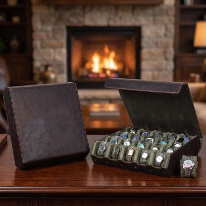Custom Leather Watch Box – 20 Slot Display Case, Handmade Organizer