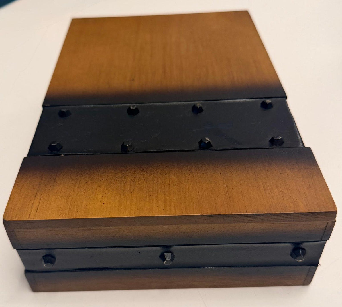Vintage Wooden Jewelry Box with Studded Leather Accent, Mid Century Brutalist Valet Box with Red Velvet Lining, Men's Watch Case