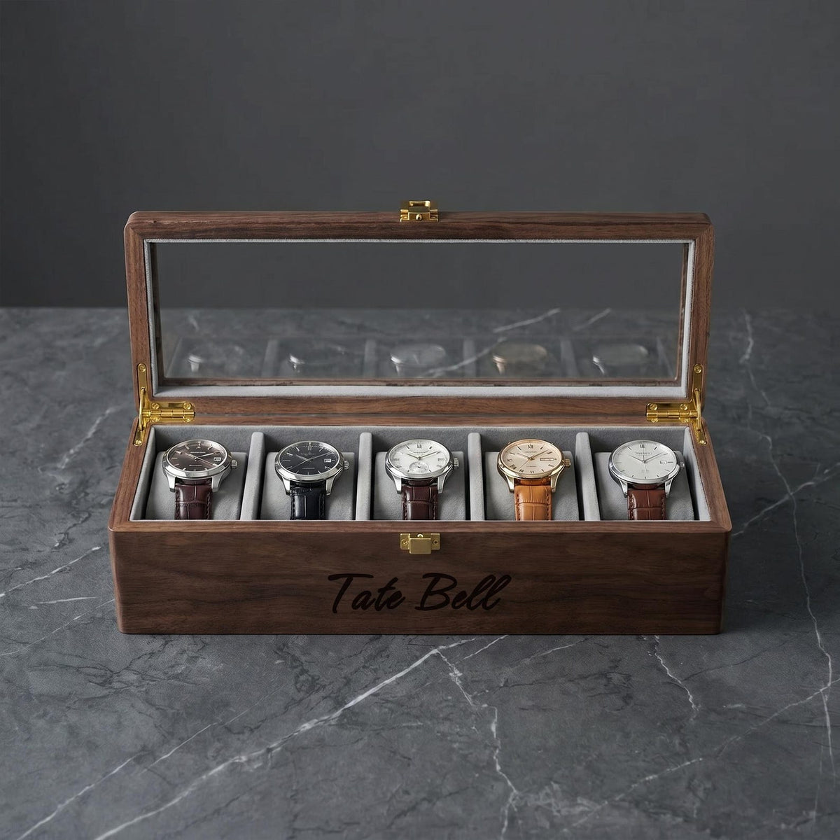 Custom Engraved Wooden Watch Box, Personalized 6 Watch Storage Case With Pull Out Drawer, Birthday Gift For Him, Husband, Father, Son