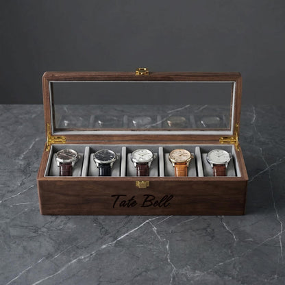 Custom Engraved Wooden Watch Box, Personalized 6 Watch Storage Case With Pull Out Drawer, Birthday Gift For Him, Husband, Father, Son