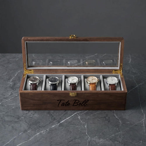 Custom Engraved Wooden Watch Box, Personalized 6 Watch Storage Case With Pull Out Drawer, Birthday Gift For Him, Husband, Father, Son