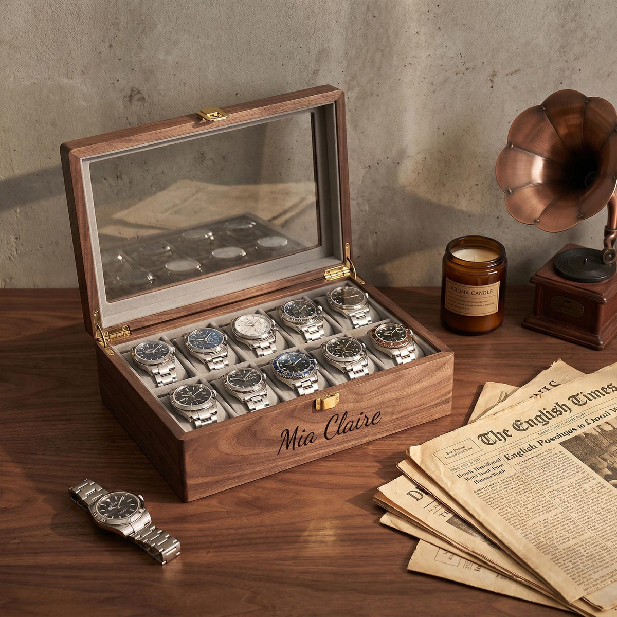 Personalized Watch Box For Men, Custom Walnut Watch Organizer With Drawer, 6 Slot Watch Display Case, Anniversary Gift For Husband Or Dad