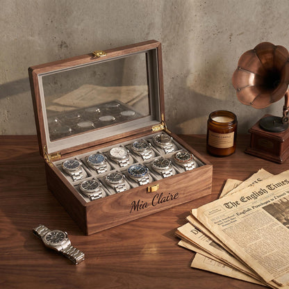 Personalized Watch Box For Men, Custom Walnut Watch Organizer With Drawer, 6 Slot Watch Display Case, Anniversary Gift For Husband Or Dad